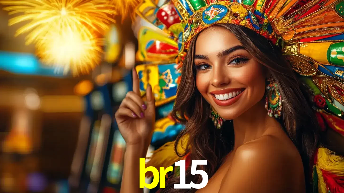 Mulher sorridente com um cocar de carnaval vibrante e colorido, celebrando uma grande vitória nos jogos do cassino br15 com fogos de artifício ao fundo.