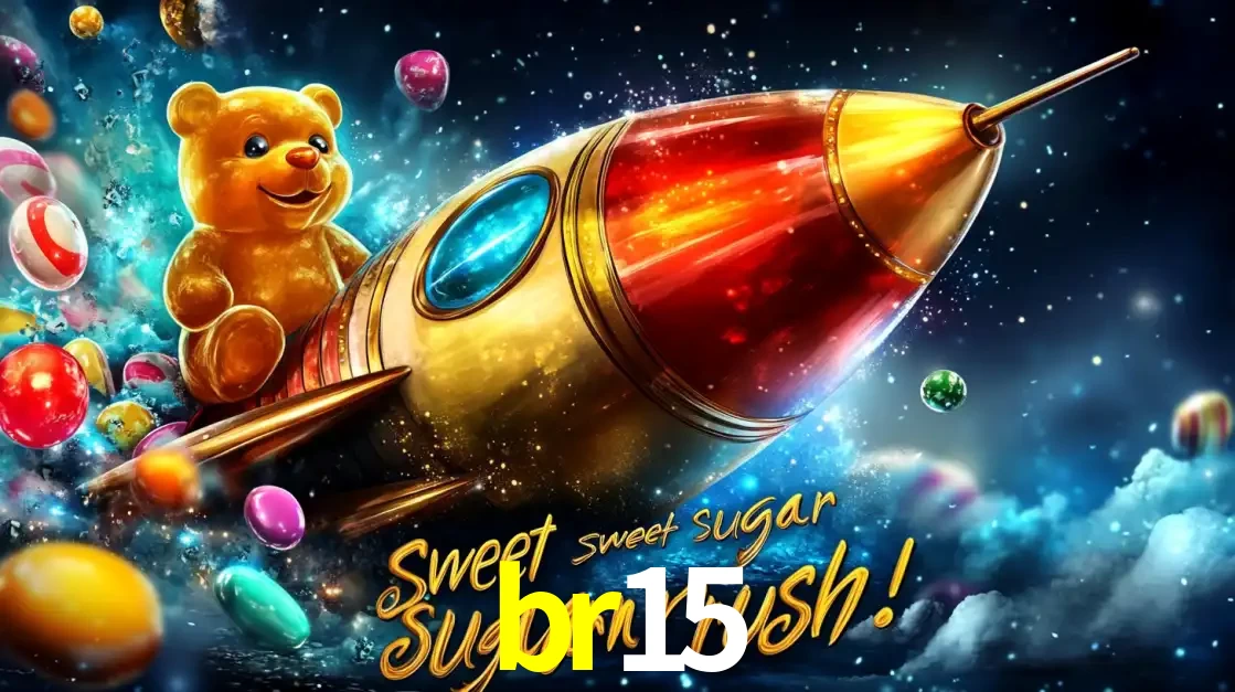 Arte promocional do jogo de slot Sugar Rush, com um urso de pelúcia em um foguete viajando pelo espaço de doces, um dos jogos divertidos disponíveis no cassino br15.