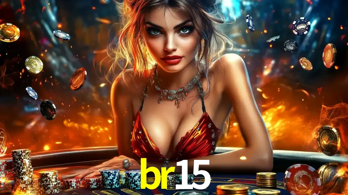 Mulher em uma mesa de cassino com pilhas de fichas e um fundo de fogo, pronta para uma rodada de altas apostas nos jogos de mesa emocionantes do cassino br15.