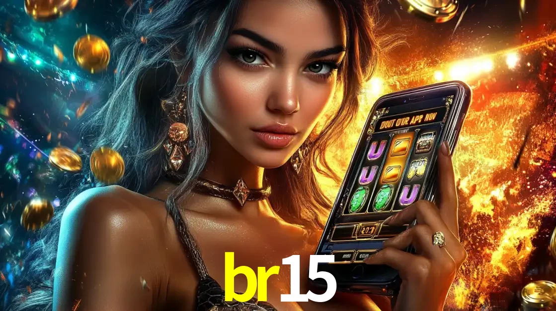 Mulher elegante mostrando um jogo de caça-níqueis em seu smartphone, destacando a experiência de cassino móvel oferecida pelo aplicativo br15.