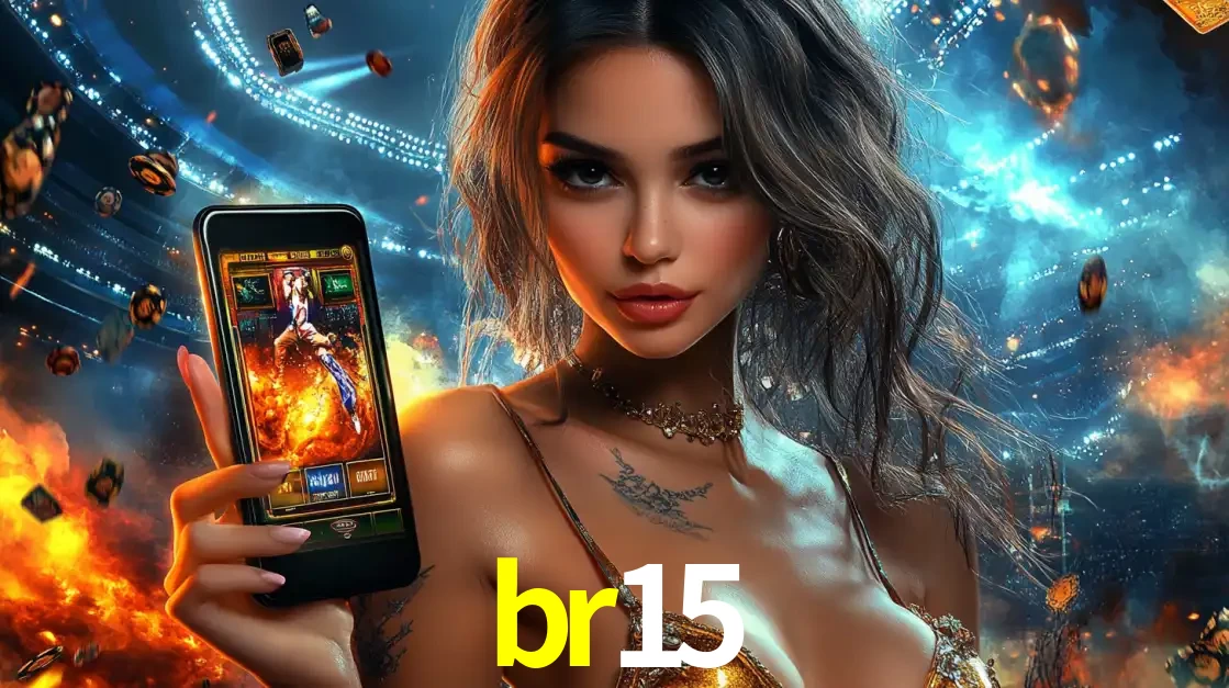 Mulher segurando um celular com um jogo de slot em destaque, tendo como fundo um estádio vibrante, simbolizando a emoção de jogar no cassino móvel br15.